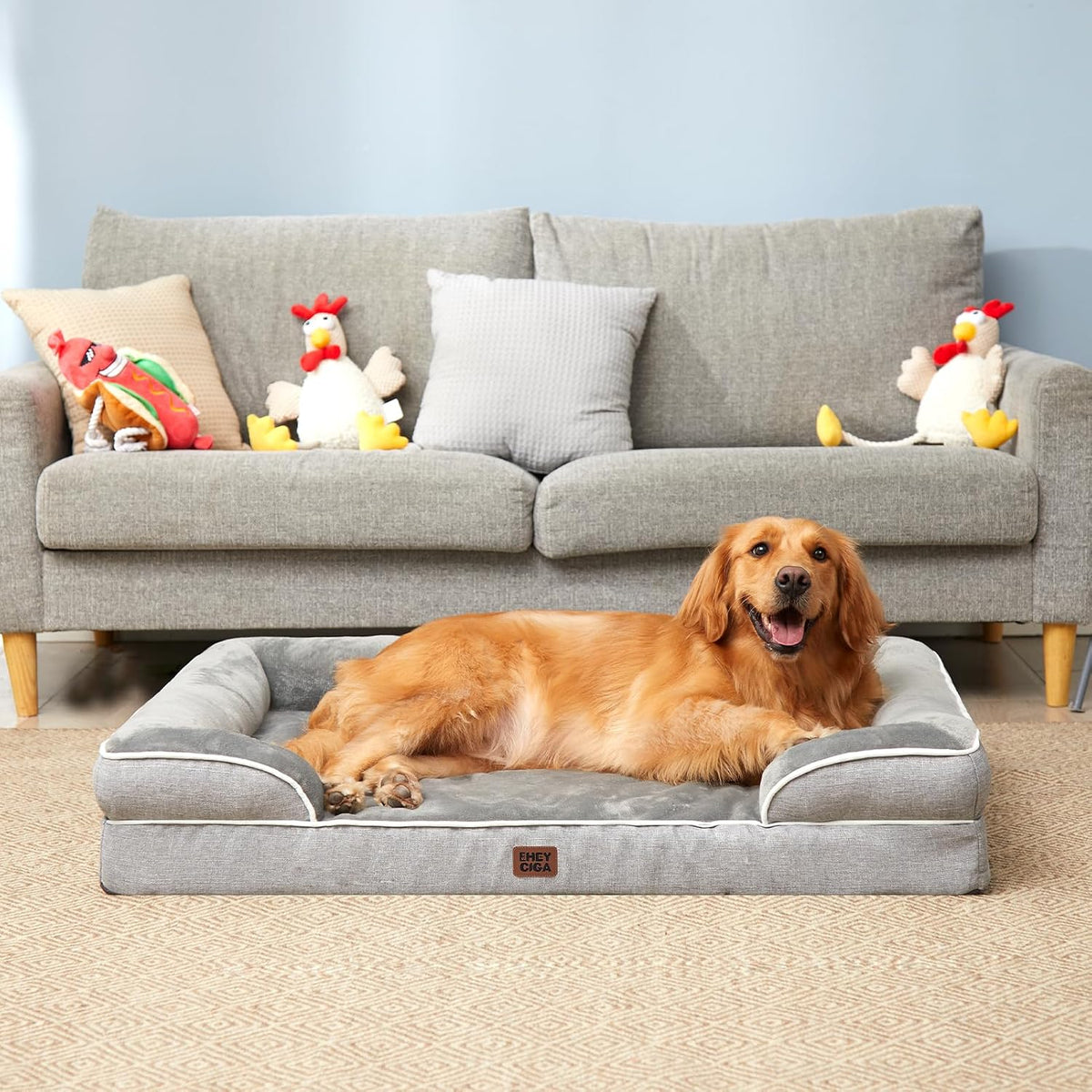 EHEYCIGA Waterproof Memory Foam Orthopedic Dog Bed with Bolsters, Large, Grey