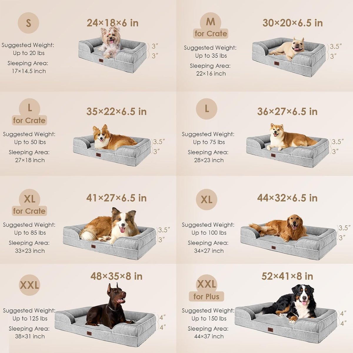 EHEYCIGA Waterproof Memory Foam Orthopedic Dog Bed with Bolsters, Large, Grey